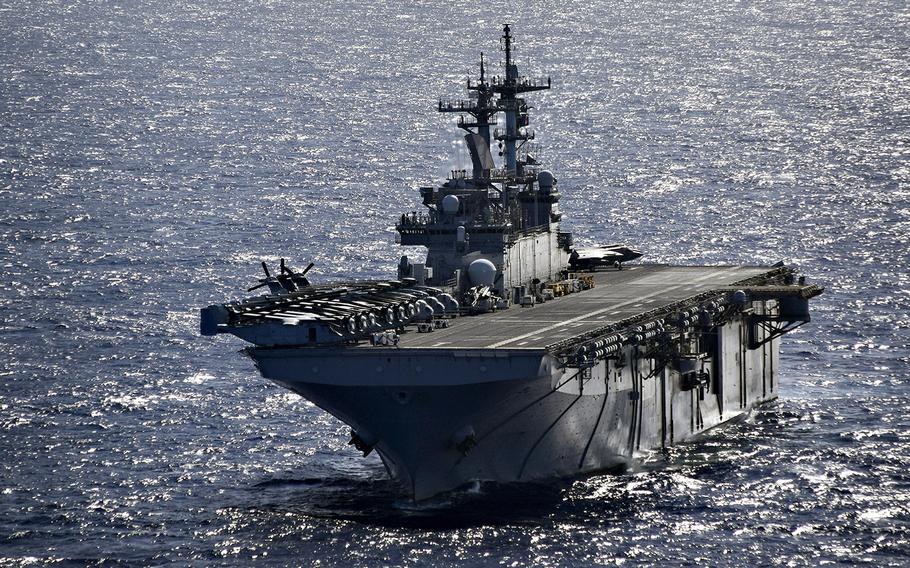 The amphibious assault ship USS Wasp transits the Coral Sea, Aug. 1, 2019.