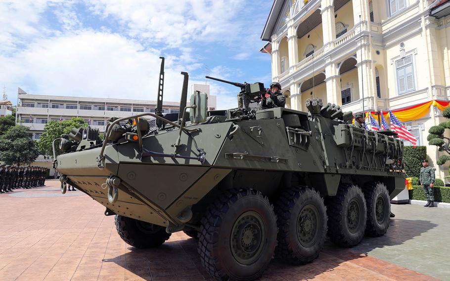 A soldier of the Royal Thai Army inspects a newly acquired Stryker before a handover ceremony commences in Bangkok, Thailand, on Thursday, Sept. 12, 2019.