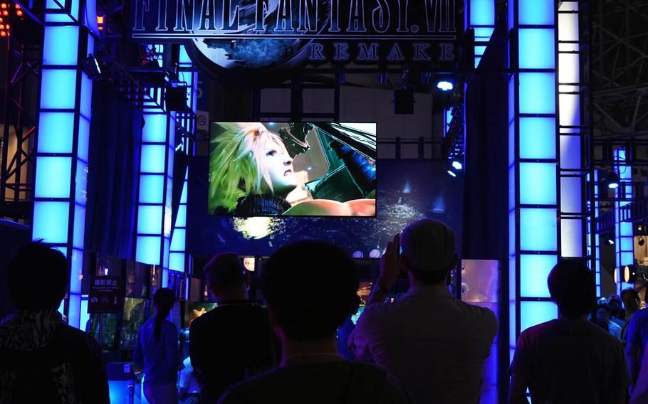 Visitors get a glimpse of the Final Fantasy 7 Remake trailer at the Tokyo Game Show 2019 on Thursday, Sept. 12, 2019.