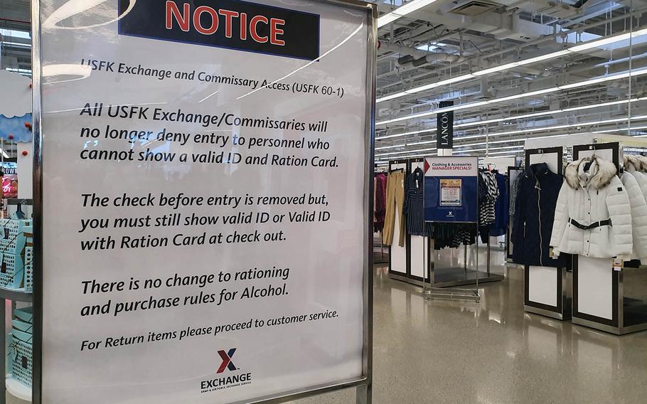 A sign at the post exchange informs shoppers of an updated policy at Camp Humphreys, South Korea, on Friday, Sept. 13, 2019.