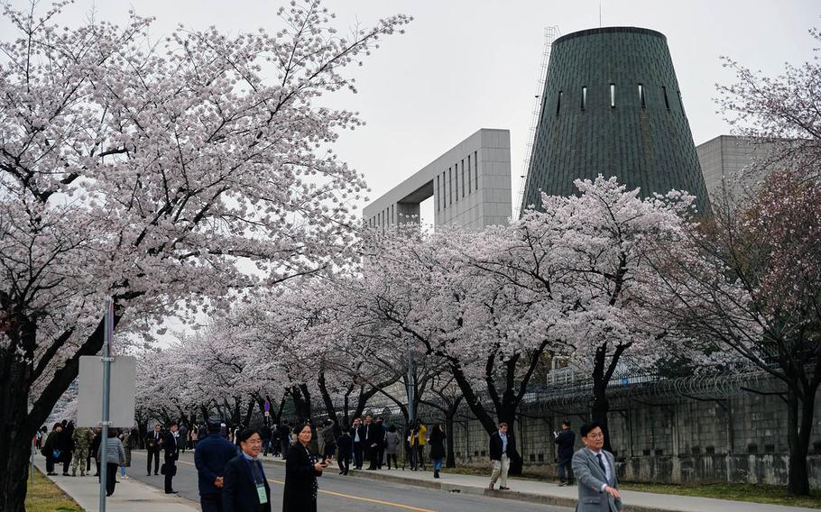 South Koreans take time to appreciate the cherry blossoms during a tour inside Yongsan Garrison, South Korea, on Tuesday, April 9. 2019.