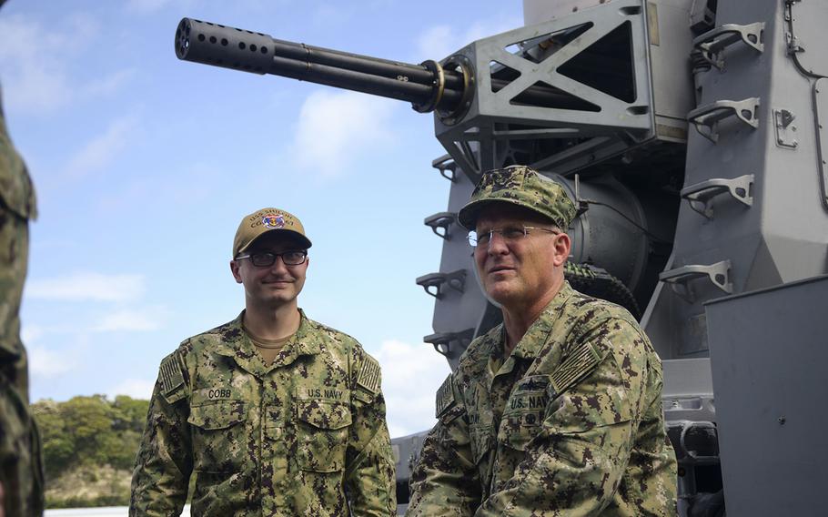 Chief of Naval Operations Adm. Mike Gilday visits sailors aboard the USS Shiloh at Yokosuka Naval Base, Japan, Monday, Sept. 23, 2019.