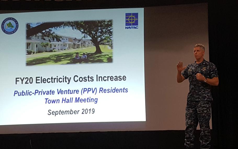 Capt. Jeff Bernard, commander of Joint Base Pearl Harbor-Hickam in Hawaii, speaks about increased electricity rates for residents of Navy privatized housing, during a town hall meeting, Monday, Sept. 23, 2019.