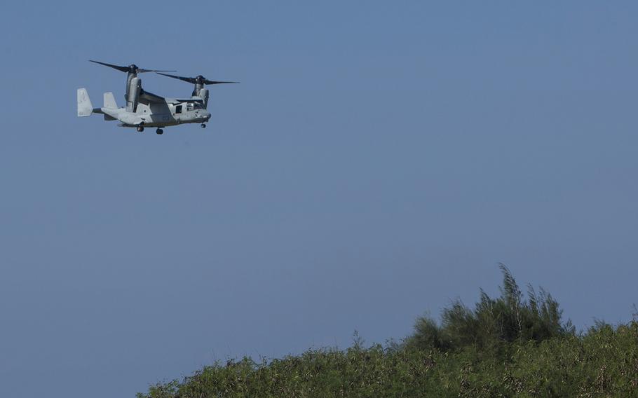 An MV-22B Osprey from the 1st Marine Aircraft Wing prepares to land on an Okinawan island during Blue Chromite drills, Oct. 31, 2016.