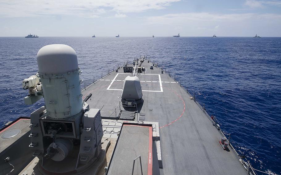 Vessels from the United States, Japan and India take part in Exercise Malabar in the Philippine Sea, June 15, 2018.