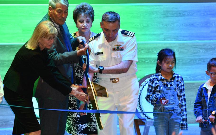 From left, DODEA Pacific East superintendent Judith Allen; DODEA director Thomas Brady; DODEA Pacific director Lois Rapp; and Sasebo Naval Base chief of staff Cmdr. Douglas Kennedy cut the ribbon for a $57 million elementary school, Wednesday, Sept. 25, 2019.