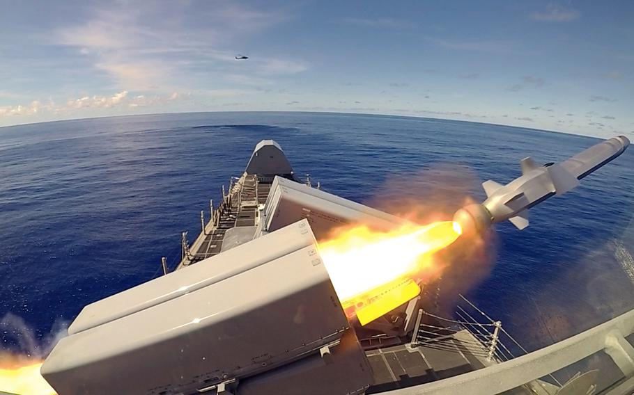 The littoral combat ship USS Gabrielle Giffords launches a Naval Strike Missile during exercise Pacific Griffin in the Philippine Sea, Tuesday, Oct. 1, 2019.
