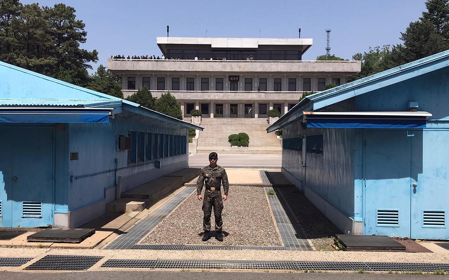 A South Korean soldier stands guard during a tour of the Joint Security Area on the border with North Korea in May 2019.