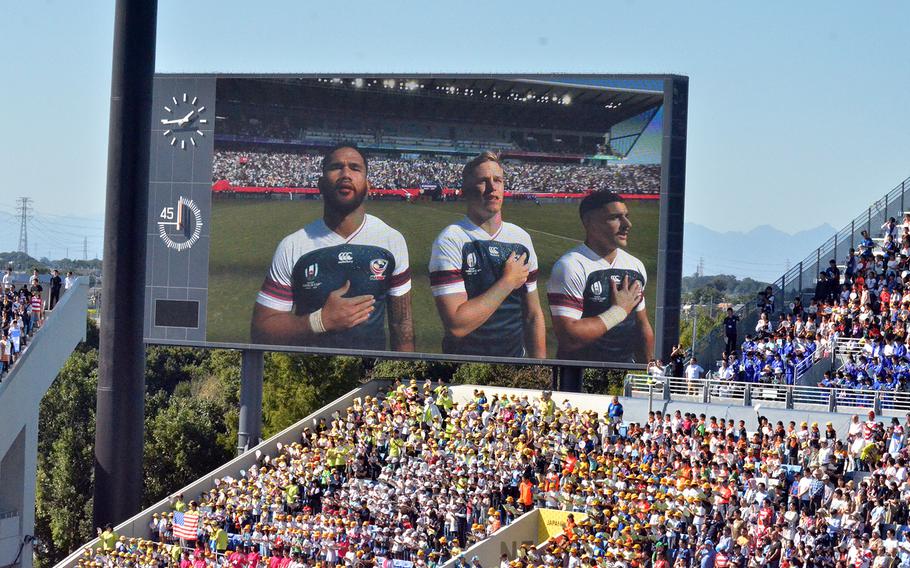 U.S. Eagles players sing the national anthem ahead of their Rugby World Cup match against Argentina in Kumagaya, Japan, Wednesday, Oct. 9, 2019.