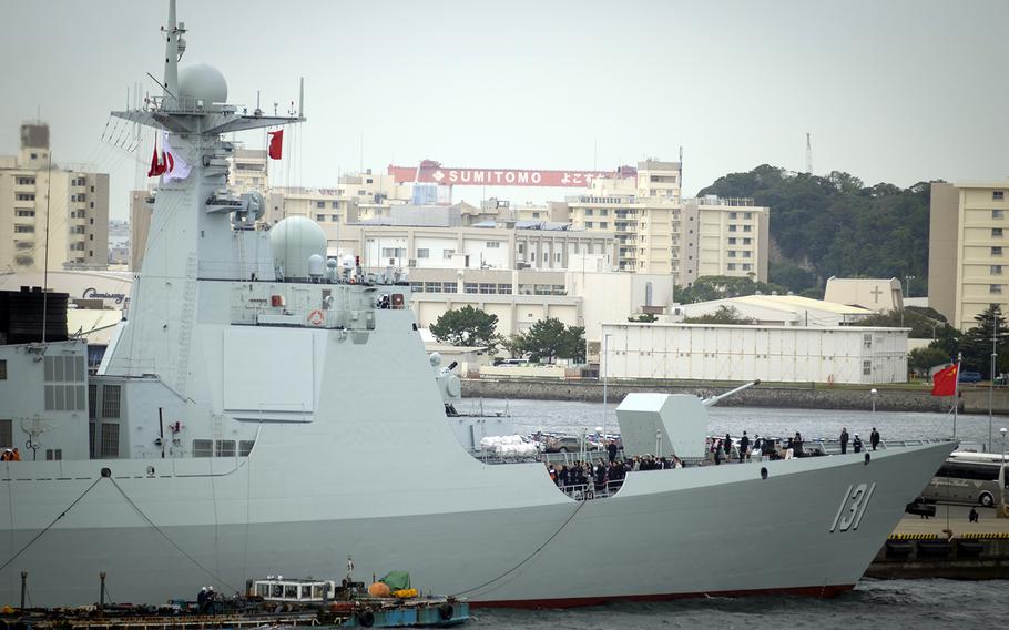 Chinese sailors and visitors stand aboard the destroyer Taiyuan at Yokosuka Post, Japan, Thursday, Oct. 10, 2019. The ship is in Japan to take part in the country's international fleet review.