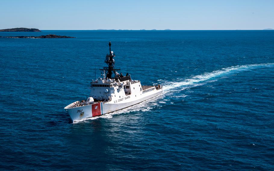 The Coast Guard cutter Stratton sails somewhere in the western Pacific, July 18, 2019.