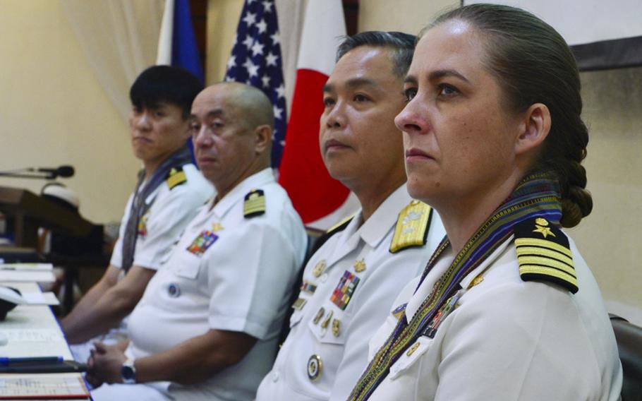Leaders from the U.S. and Philippine navies and Japan Maritime Self-Defense Force attend the opening ceremony for Maritime Training Activity Sama Sama in the Philippines, Monday, Oct. 14, 2019.
