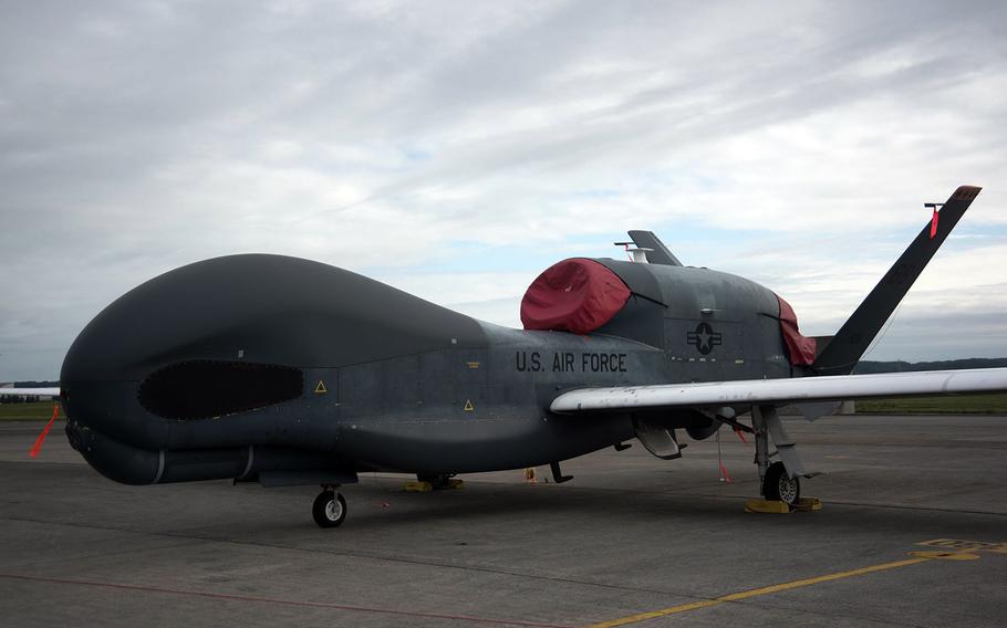 An RQ-4 Global Hawk sits on the flight line at Yokota Air Base, Japan, Sept. 14, 2019.