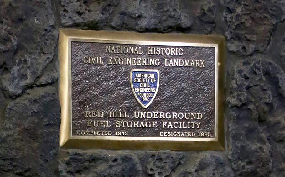 Placards at Red Hill Underground Fuel Storage Facility in Hawaii note its 1995 listing as a National Historic Engineering Landmark and the 3,000-plus men who built it, 17 of whom died during construction.