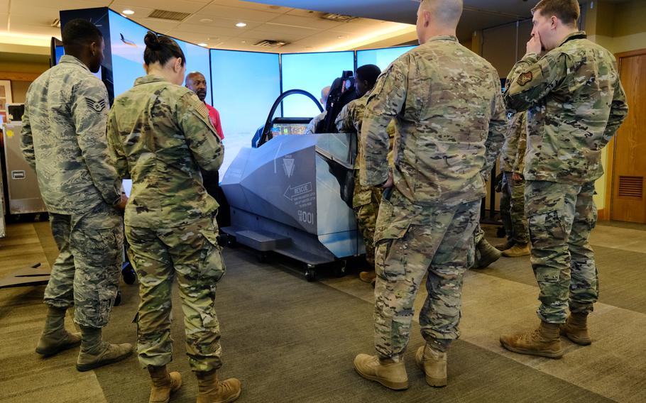 Airmen from the 51st Fighter Wing listen to a briefing on the F-35's heads-up display at Osan Air Base, South Korea, Thursday, Oct. 24, 2019.