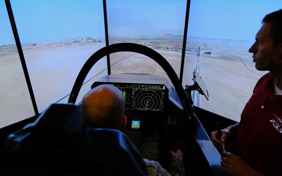 Master Sgt. David Snowman of the 51st Fighter Wing approaches Nellis Air Force Base, Nev., in an F-35 Lightning II simulator at Osan Air Base, South Korea, Thursday, Oct. 24, 2019.