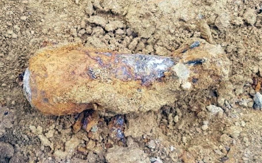 This round of unexploded ordnance was uncovered by construction workers at Camp Walker, South Korea, Friday, Oct. 25, 2019.