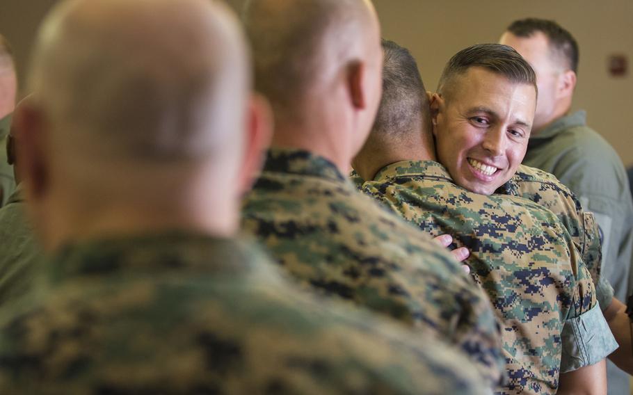 Gunnery Sgt. Jeremiah W. Francis retires after 20 years of service at  Marine Corps Air Station Yuma, Ariz., in July 2019. The Corps' new transition plan will allow Marines ending their contracts to begin their paperwork and counseling earlier.