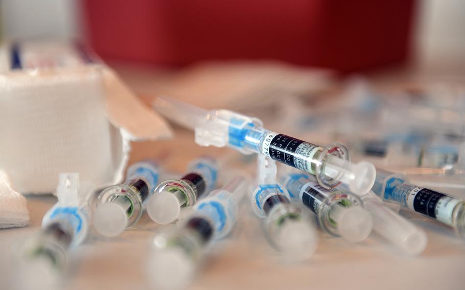 Influenza vaccines sit on a table at Aviano Air Base, Italy, Oct. 17, 2019.