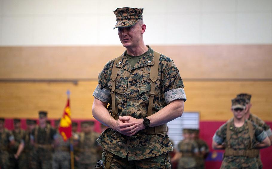 Lt. Col. Jeremy Davis speaks to Marines on the day he took command of the 3rd Transportation Support Battalion, 3rd Marine Logistics Group at Camp Foster, Japan, on June 14, 2019.