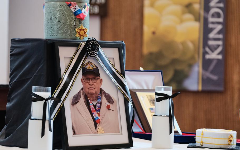 Army veteran Kurt Dressler, 91, is honored during a ceremony inside South Post Chapel at Yongsan Garrison, South Korea, Friday, Nov. 1, 2019. A former German submariner, Dressler was a prisoner of war who joined the Army after World War II.
