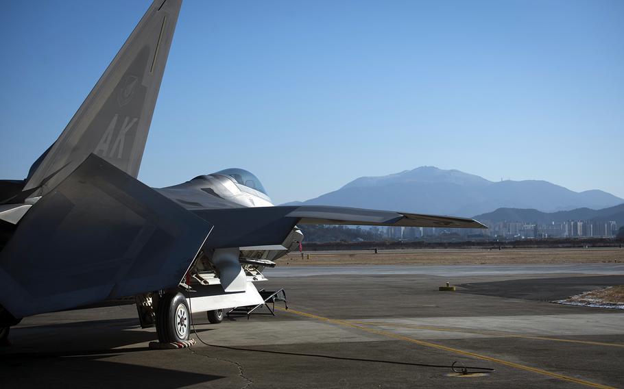 An Air Force F-22 Raptor stands by for takeoff at Gwangju Air Base, South Korea, during the Vigilant Ace exercise in December 2017.