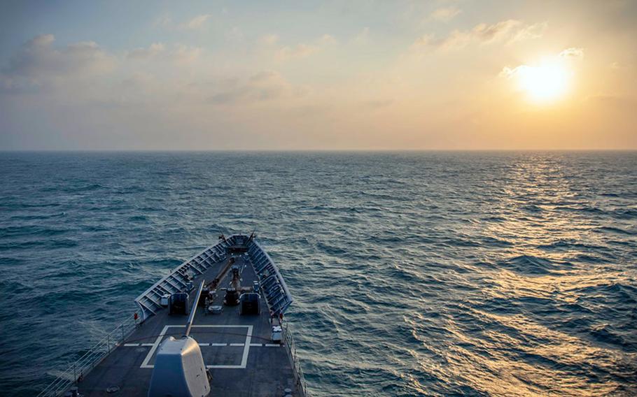 The guided-missile cruiser USS Chancellorsville sails through the Taiwan Strait, Tuesday, Nov. 12, 2019.