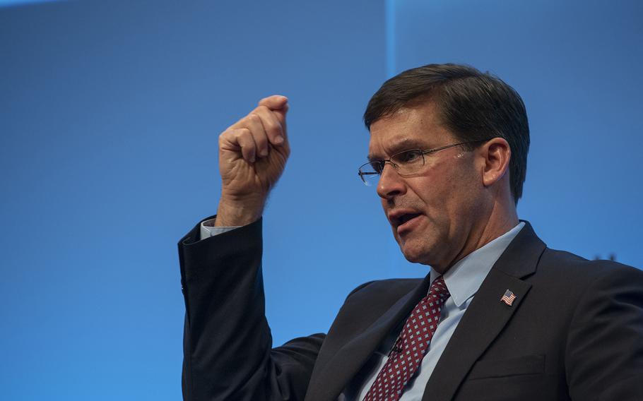 Defense Secretary Mark Esper speaks at Goldman Sachs in New York, Monday, Nov. 11, 2019.