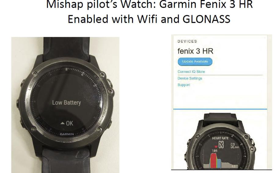 Capt. Jahmar Resilard was wearing a Garmin Fenix 3 smartwatch when he ejected from an F/A Hornet at 1:44 a.m., Dec. 6, 2018, after a midair collision with a KC-130J refueler, according to the command investigation report. Data from the watch indicated that his heart was beating at an average of 86 beats per minute until approximately 11:30 a.m.