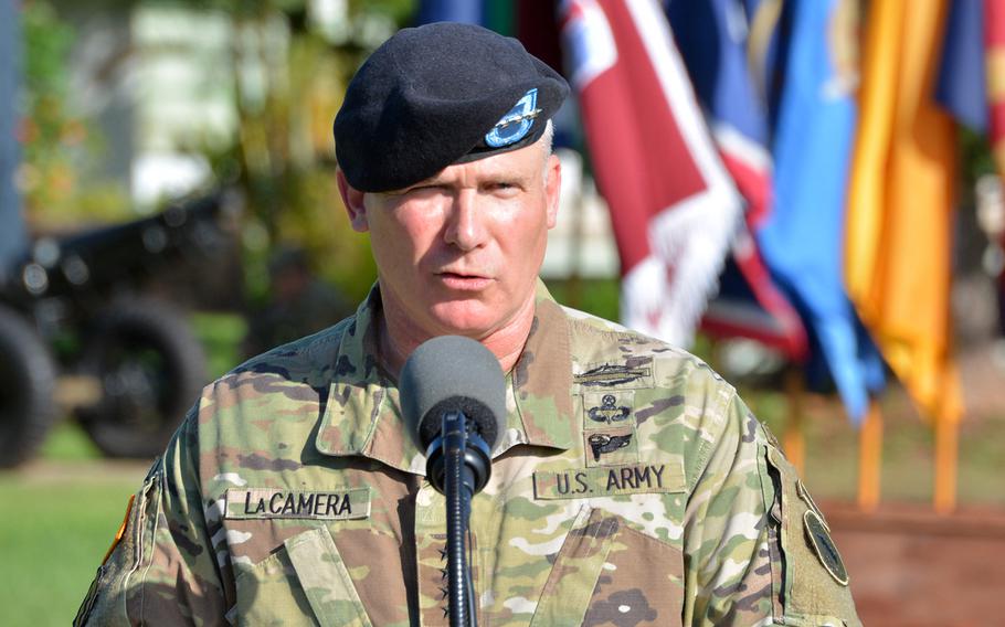 Gen. Paul LaCamera, one of the Army's most experienced combat leaders, took command of U.S. Army Pacific during a ceremony at Fort Shafter, Hawaii, Monday, Nov. 18, 2019.