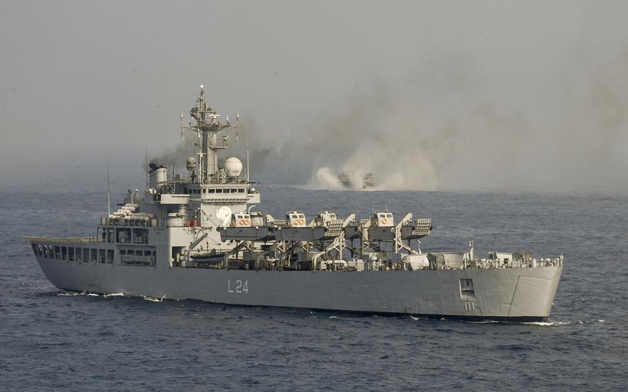 Indian navy's amphibious warfare ship INS Airavat sails in the Bay of Bengal, India, during exercise Tiger Triumph, on Nov. 17, 2019.