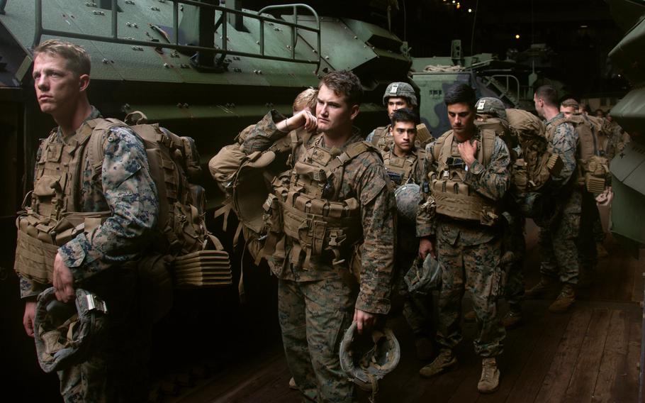 U.S. Marines participate in assault amphibious vehicle drills aboard the USS Germantown while underway in the Bay of Benga, India, during exercise Tiger Triumph, Nov. 18, 2019.