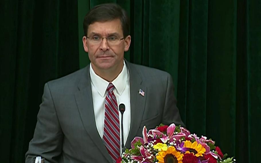 Secretary of Defense Mark Esper during a speech in Hanoi on Wednesday, Nov. 20, 2019, that the U.S. will provide Vietnam with a second coast guard cutter next year.