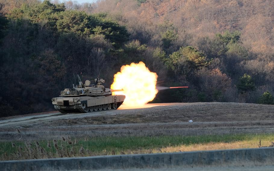 An M1 Abrams tank from the 3rd Battalion, 8th Cavalry Regiment, 3rd Armored Brigade Combat Team takes part in a drill at Rodriguez Live Fire Range in Pocheon South Korea, Tuesday, Nov. 19, 2019.