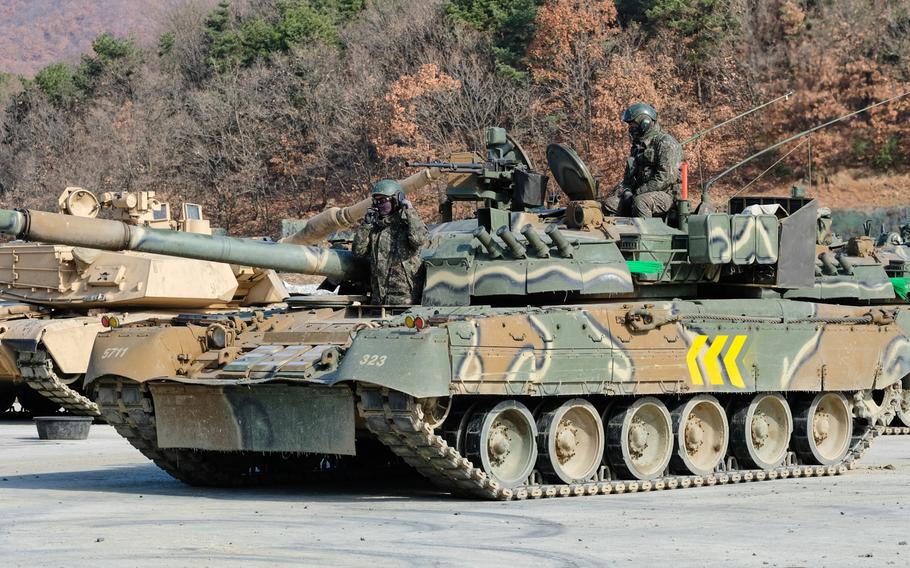 South Korean soldiers repair a T-80U battle tank for an exercise at Rodriguez Live Fire Range in Pocheon, South Korea, Tuesday, Nov. 19, 2019.