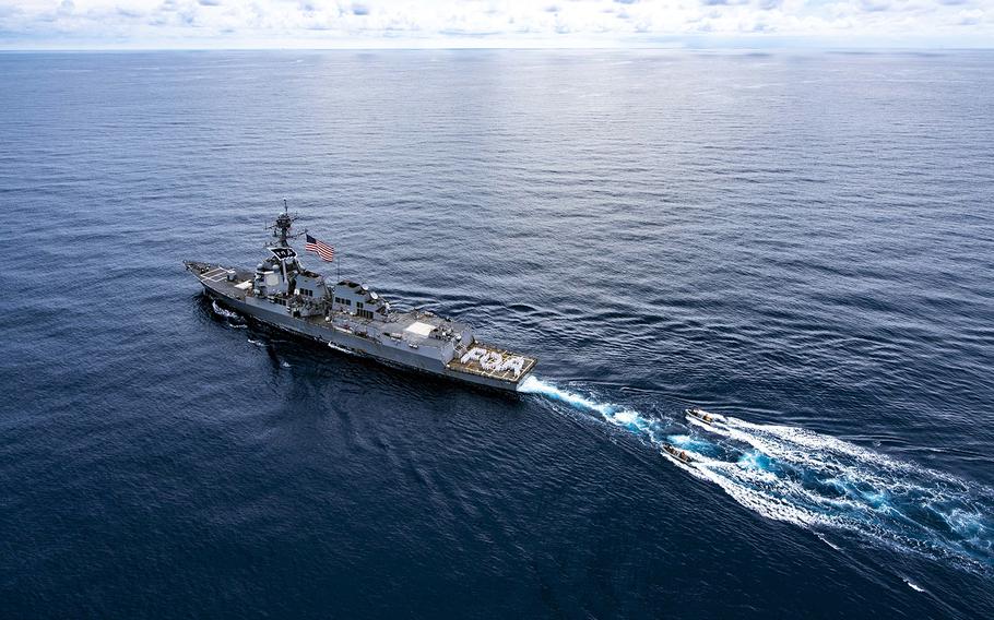 The guided-missile destroyer USS Wayne E. Meyer celebrates the 10th anniversary of its commissioning while transiting the South China Sea, Oct. 2, 2019.