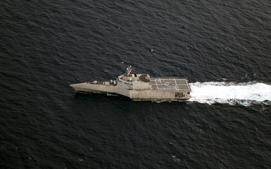 The littoral combat ship USS Gabrielle Giffords sails through the South China Sea, Nov. 18, 2019.