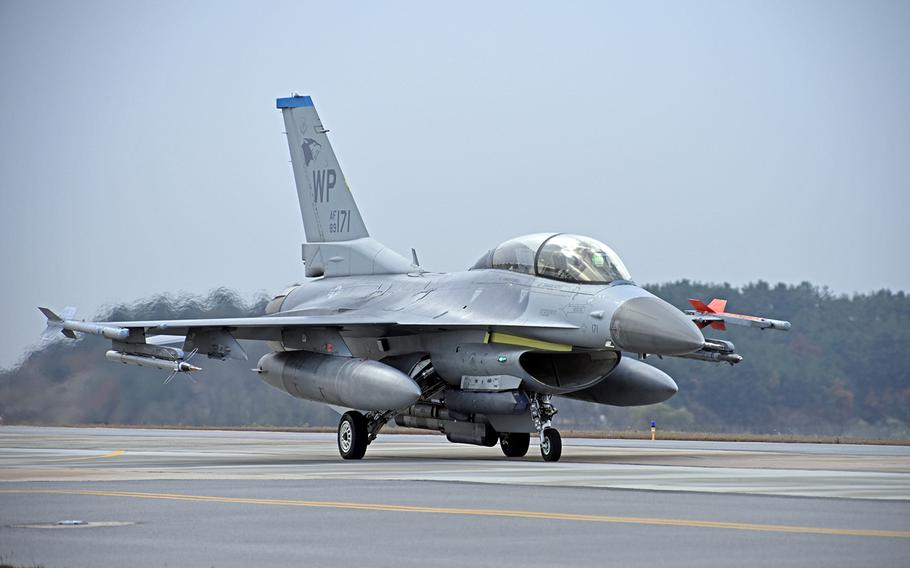 An Air Force F-16 Fighting Falcon from the 35th Fighter Squadron taxis at Kunsan Air Base, South Korea, Nov. 19, 2019.