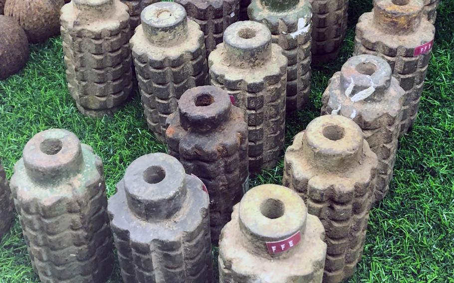 Fragmentation landmines recovered from fields in Cambodia are displayed at the Peace Museum of Mine Action north of Siem Reap on Nov. 6, 2019.