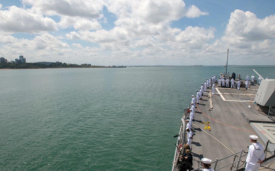 The guided-missile destroyer USS Stockdale approaches Darwin, Australia, for a port visit, April 17, 2019.