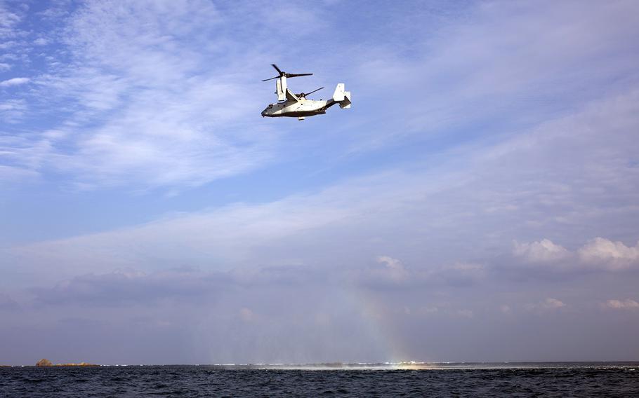 An MV-22B Osprey flies over Kin Blue Training Area, Okinawa, Nov. 5, 2019.