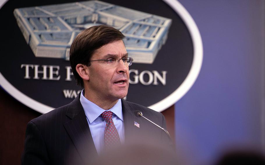 Defense Secretary Mark Esper speaks to reporters at the Pentagon, Dec. 20, 2019.