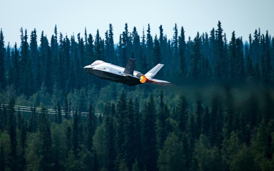 An F-35A Lightning II stealth fighter takes off during the Arctic Lightning Airshow at Eielson Air Force Base, Alaska, July 13, 2019.