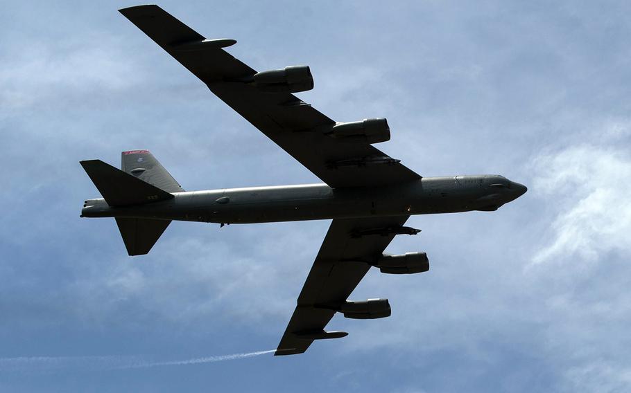 A B-52 assigned to the 23rd Bomb Squadron at Minot Air Force Base, N.D., flies over an aerospace show in Malaysia, March 26, 2019. The Pentagon on Monday ordered six B-52 bombers deployed to Diego Garcia, a British-controlled island in the Indian Ocean, for possible operations against Iran, CNN reported Monday.