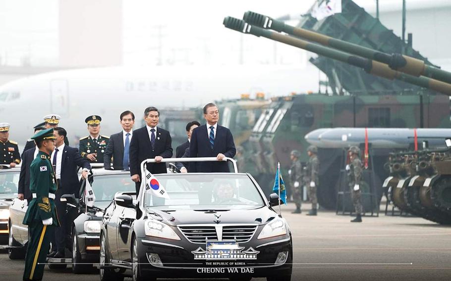 South Korean President Moon Jae-in reviews Patriot anti-missile batteries and other military hardware during Armed Forces Day in Daegu, southeast of Seoul, on Oct. 1, 2019.