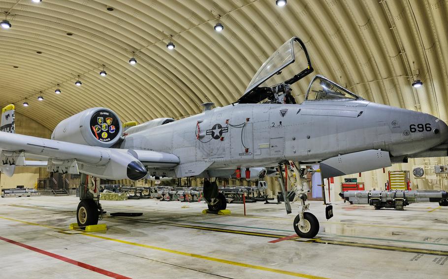 A 51st Fighter Wing A-10 Thunderbolt II with new wings from the Enhanced Wing Assembly program is parked inside a hangar at Osan Air Base, South Korea, Wednesday, Jan. 8, 2020.