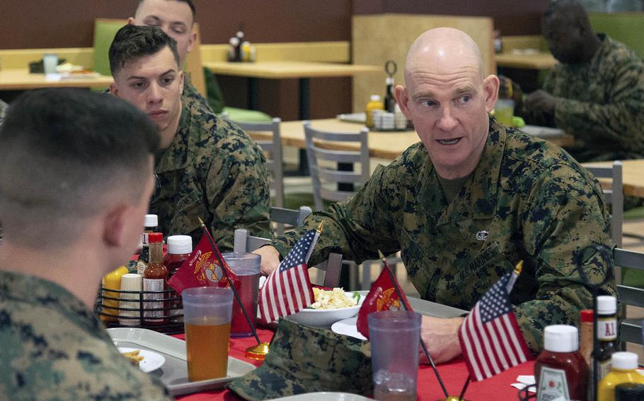 Sgt. Maj. Troy Black has lunch with Marines at Marine Corps Air Station New River, N.C., on Jan. 8, 2020.