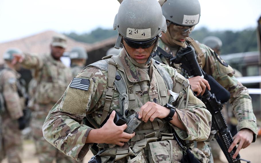 U.S. soldiers prepare to test for the expert field medical badge at Rodriguez Live Fire Complex in South Korea, Sept. 20, 2019.