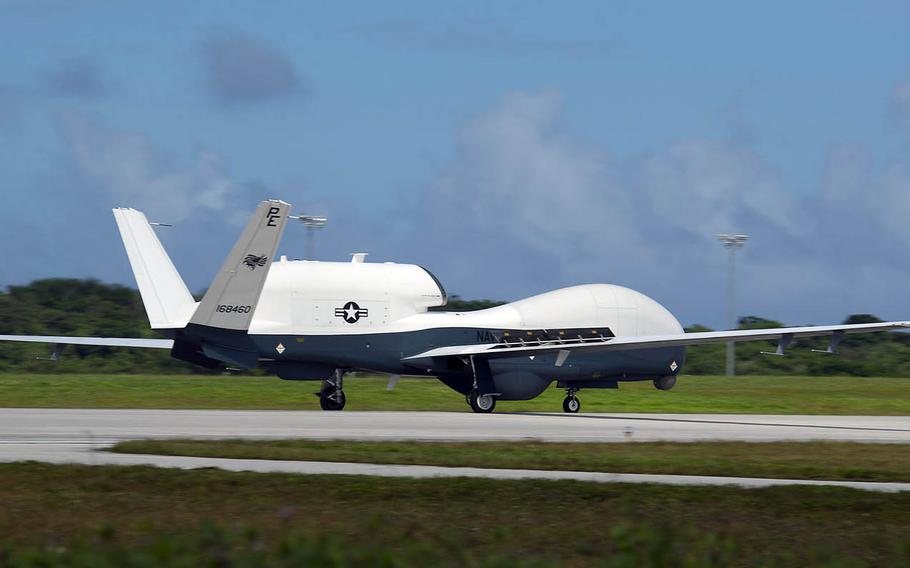 An MQ-4C Triton unmanned aircraft taxis after landing at Andersen Air Force Base, Guam, for a deployment on Jan. 12, 2020.