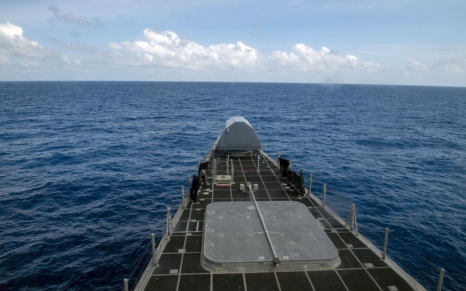 The littoral combat ship USS Montgomery sails near Johnson Reef, Spratly Islands, in the South China Sea, Saturday, Jan. 25, 2020.